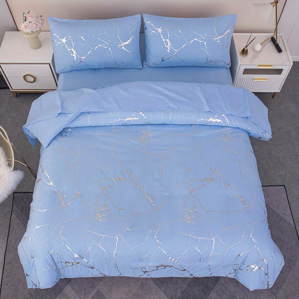 3Pcs Modern Simple Bedding Set Solid Color Pink/Grey/Green/Blue/Purple Marble Pattern Hot Stamping/Silvery Duvet Cover Set