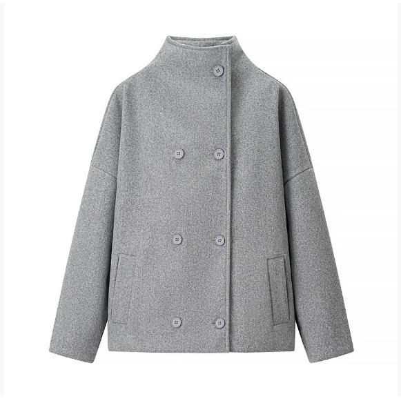 Women'S Clothing Double-Breasted Solid Color Woolen Material Lapel Loose Woolen Short