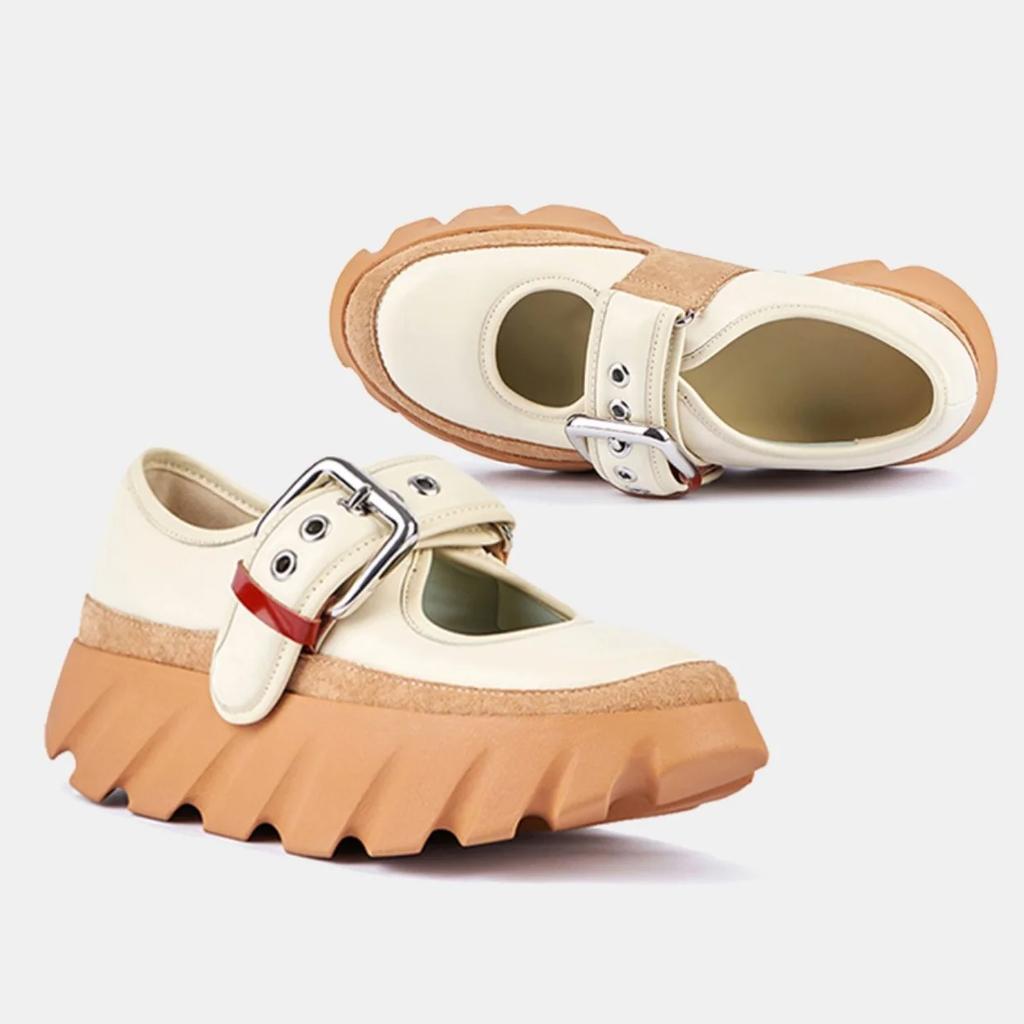 Fashion Mary Jane Shoes Women Metal Belt Buckle Shallow Thick-Soled Shoes Platform Height-Enhancing Sneakers Round Toe Sports Shoes