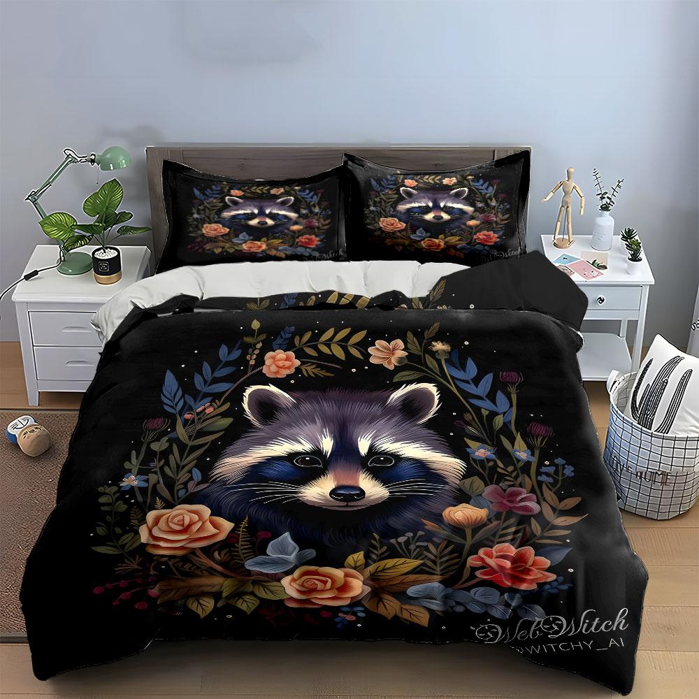 Set de așternut moale, prietenos cu pielea, cu decor Art Floral Raccoon Include 1 Față de plapumă și 2 Fețe de pernă Cadou