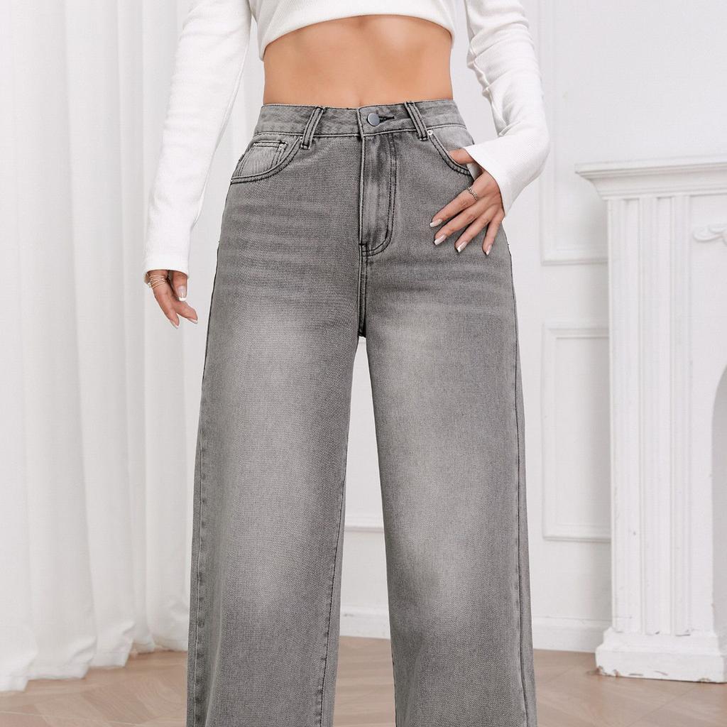 Puffanpop Women's Wide Leg Jeans Retro Wash High Waisted Denim Pants Loose Straight Jeans Y2K Casual Pants