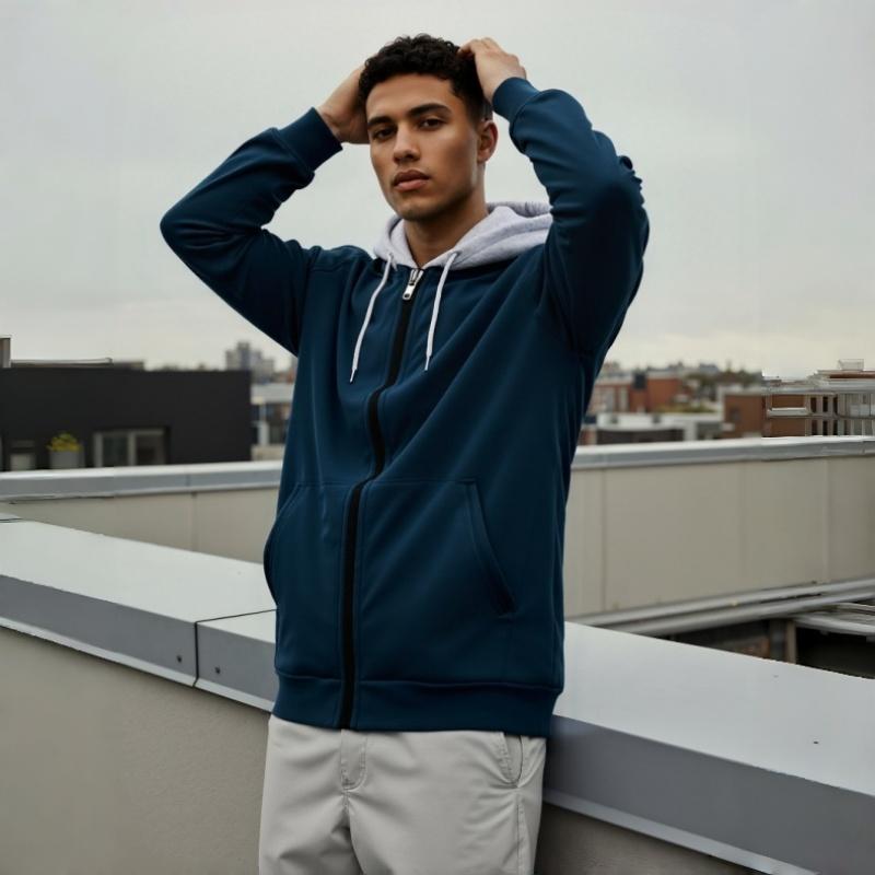 Men's Zip-Up Hoodie Sweatshirt Casual Fleece Jacket with Drawstring Hood Front Pockets Comfortable Streetwear for Autumn & Winter