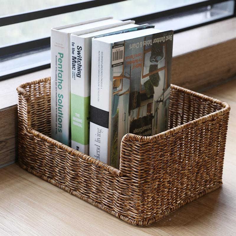 Imitation Rattan Storage Basket, File Organizer for Books Magazines, Study Office Desk & Cabinet Shelf Decor
