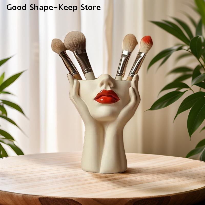 Female Contour Design Pen Holder Elegant Face Vase Decoration Handcrafted Artistic Female Form Head Vase Makeup Brush Holder