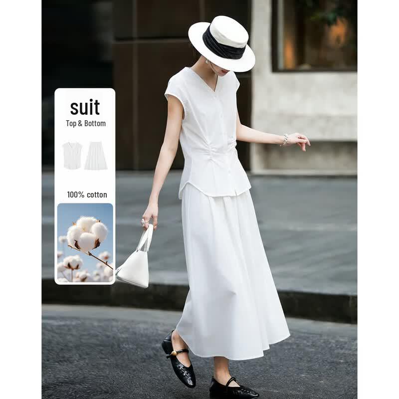 Women s V-Neck Cotton Poplin Top and Skirt Set L
