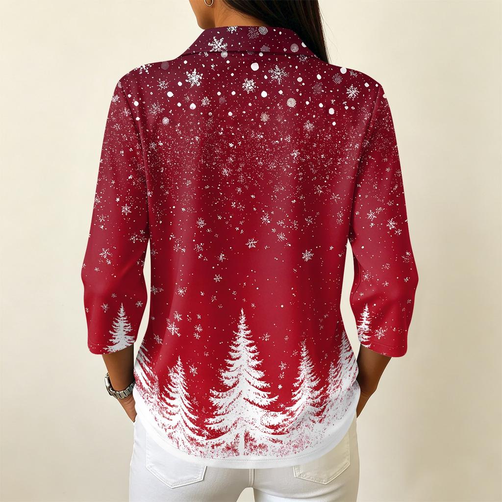 Casual Damesblouse met Kerstprint, Knoopsluiting, Driekwartmouwen en Kraag voor Feestdagen