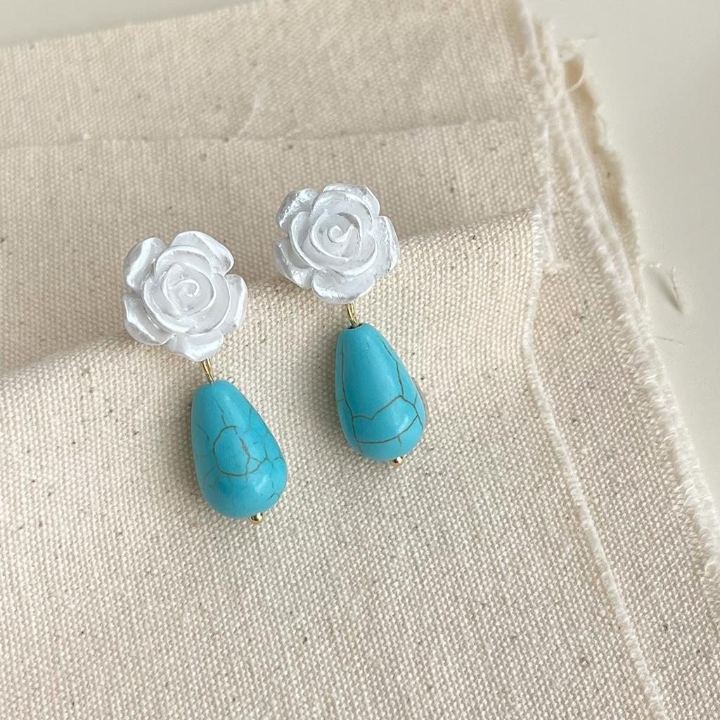 Sculptural Turquoise Earrings and Bracelet Set, Handmade Vintage Boho Jewelry, Unique Dainty Adjustable Retro Gift for Women, Coordinated Accessory