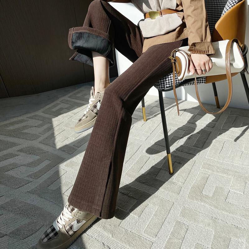 Women's Ribbed Fleece-Lined High-Waist Slit Flared Pants