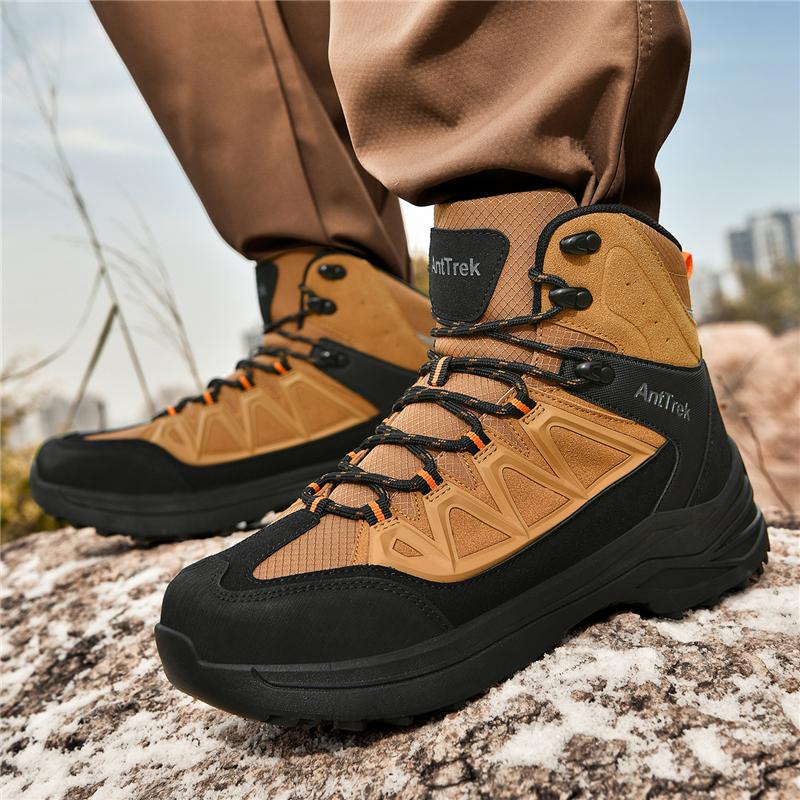Men Black High Top Trekking Boots Breathable Mesh Patch Anti Slip Thick Lug Sole Outdoor Mountain Hiking Casual Shoes