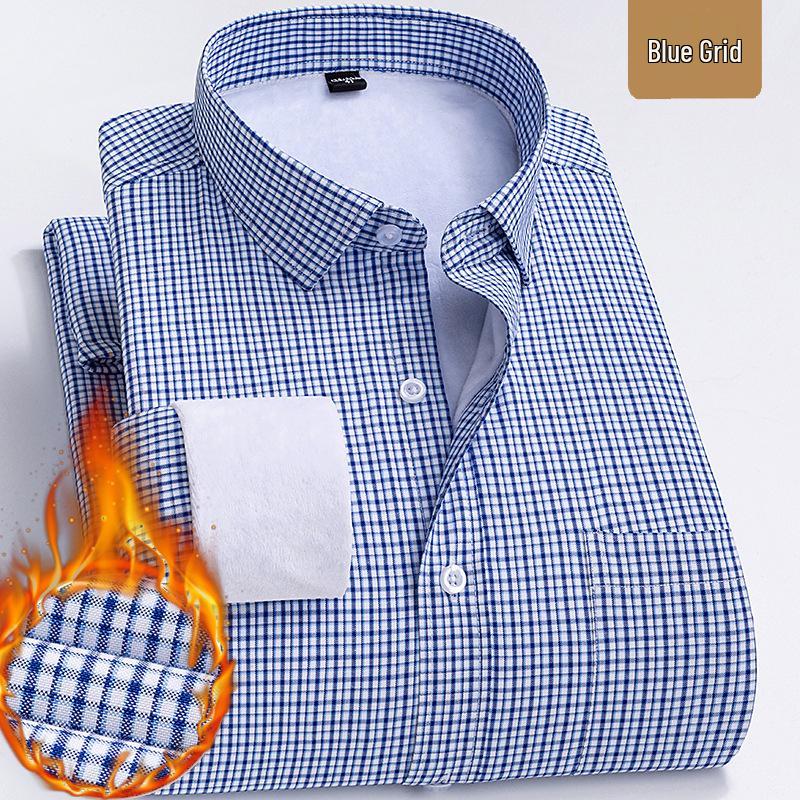 Men's Fleece-Lined Striped & Checkered Business Casual Warm Shirt for Middle-Aged & Elderly