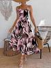 Women Abstract Leaf Print Midi Sundress Spaghetti Strap V Neck A Line Dress with Self Tie Waist Belt Back Adjustable Straps Summer for Beach Vacation