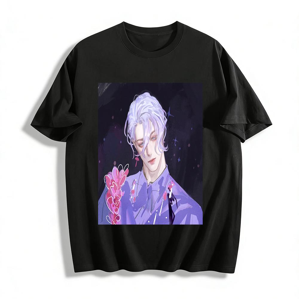 

Cool Silver Purple Hair Handsome Guy Print Casual Top Trendy Anime Style Loose Versatile T-Shirt Pure cotton T-shirt 6XL