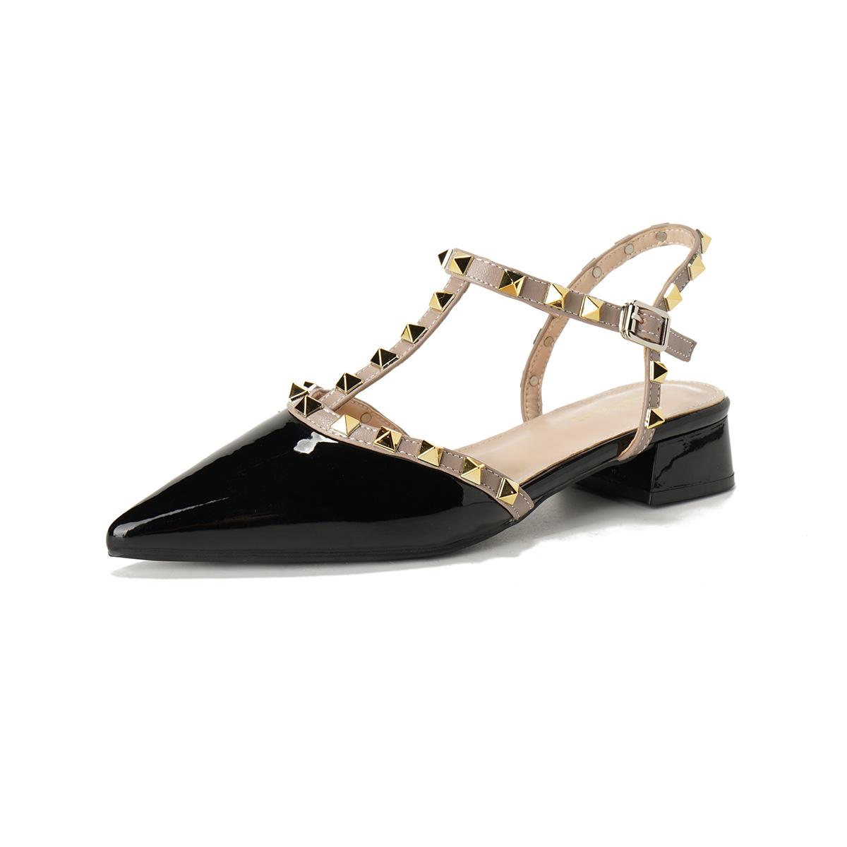 

Сандалии с открытым задником и французским носком. Летние женские туфли с острым носком и грубым каблуком. Элегантные женские туфли с заклепками. 42 чёрный