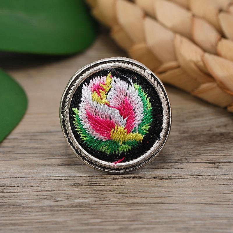 Handmade Miao silver embroidered retro ring old embroidery piece butterfly flower open ring women's niche versatile accessories