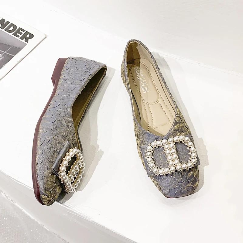 Fashion 2024 New Spring and Autumn Square Head Shallow Women's Shoes Low Heel Fashion Soft Sole Women's Shoes Flat Pearl Single Shoes