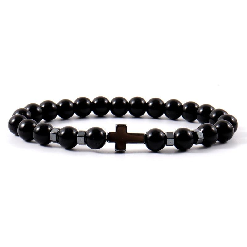 

Браслет из гематита с крестом из бусин 8 мм, браслет из натурального черного вулканического камня, мужские и женские украшения для йоги
