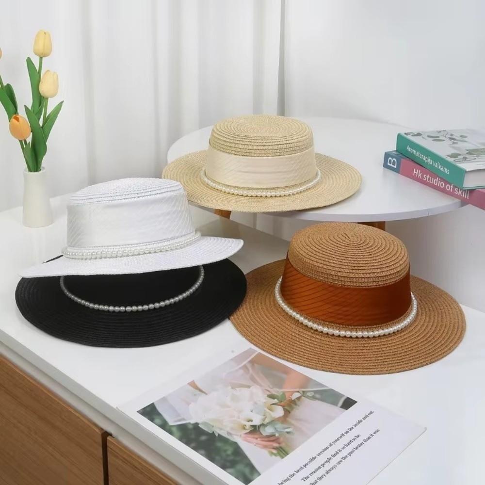 New French Hepburn Style Straw Hat Solid Color UV Protection Pearl Chain Hat Breathable Straw Weaving Flat Sun Hat Beach Wear