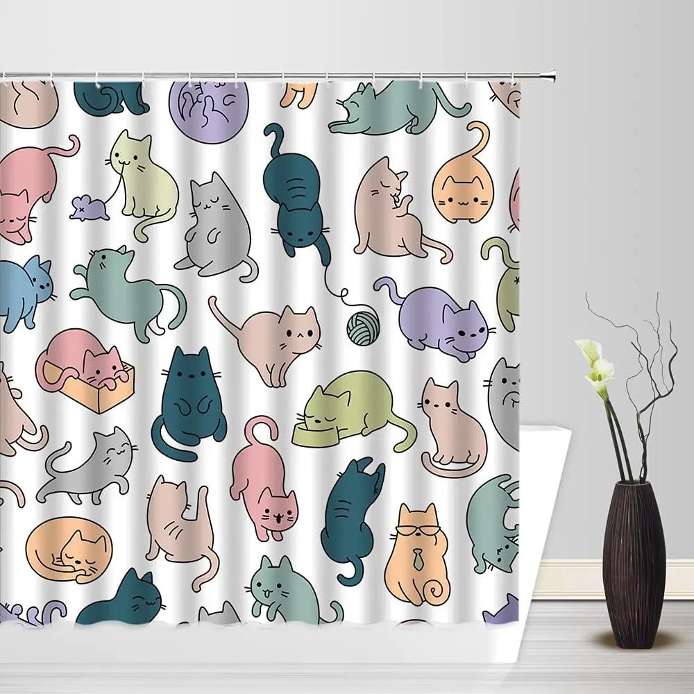 Cute Cat Shower Curtain Lovely Cartoon Funny Colorful Animal Pattern for Pet Kids Girls Fabric Bathroom Decor Curtains with Hook