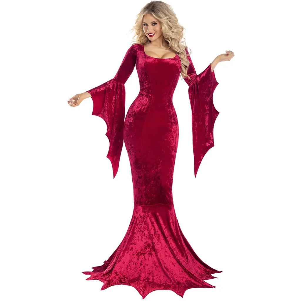 Costume Morticia Addams Long Train Dress Halloween Terror Dark Outfit Gothic Gown Robe Bat Sleeve Horror For Adult