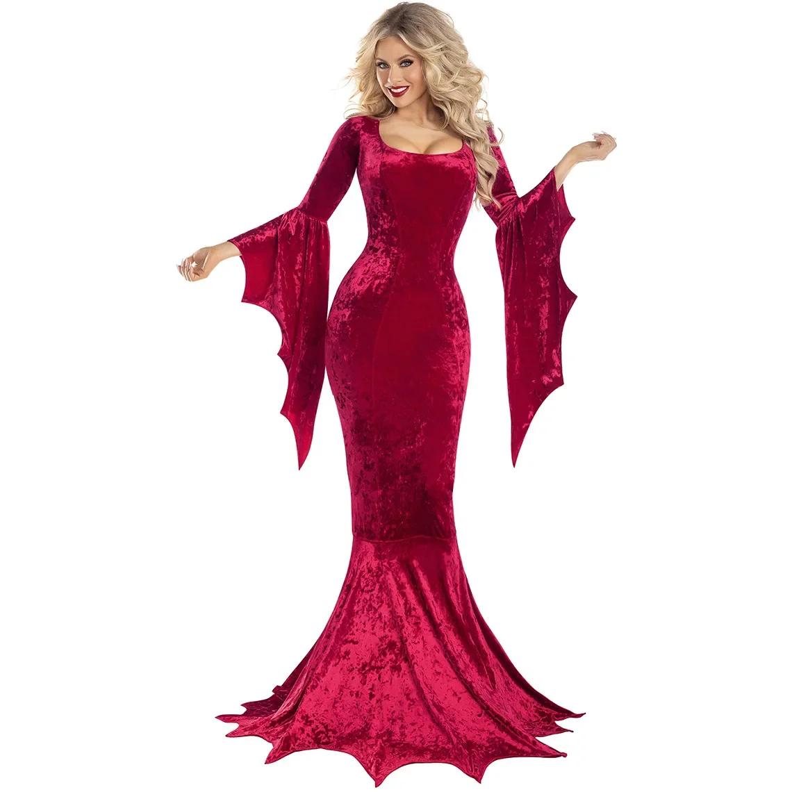 

Костюм Мортісії Аддамс Сукня з довгим шлейфом Хелловінський жах Темне вбрання Готична сукня Халат Рукав кажан Жах Для дорослих XL червоний