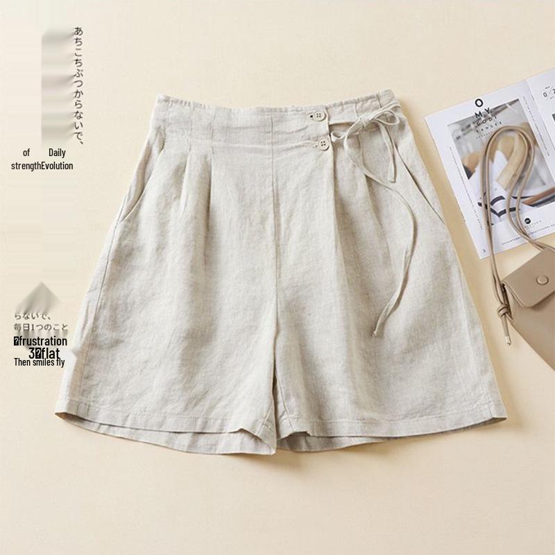 Plus Size Retro Solid Color Cotton Wide Leg Capris - Casual Linen Shorts for Women