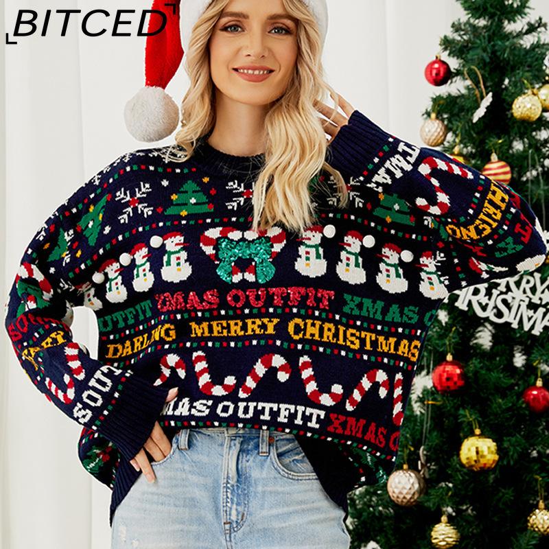 BITCED Oversized Knit Sweater Fall/Winter Christmas Tree O-Neck Sweater Little Snowman Sequined Christmas Sweater
