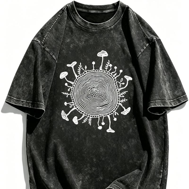 Men's Women's Vintage Washed Oversized T-shirt Retro Surreal Tree Ring Mushroom 90s Psychedelic Short Sleeve Tee