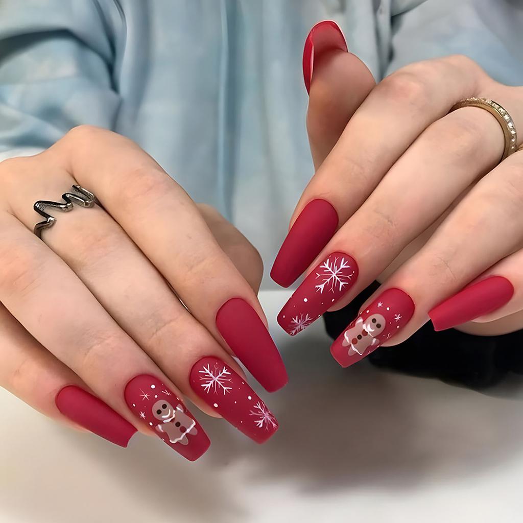 Christmas Red Fake Nails with Snowman Printed Natural Unbreakable Nail Simple Wear for Daily and Parties Wearing