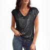 Women Sequined Raglan Sleeve V Neck Solid Color Slim Fit Casual T Shirt Top
