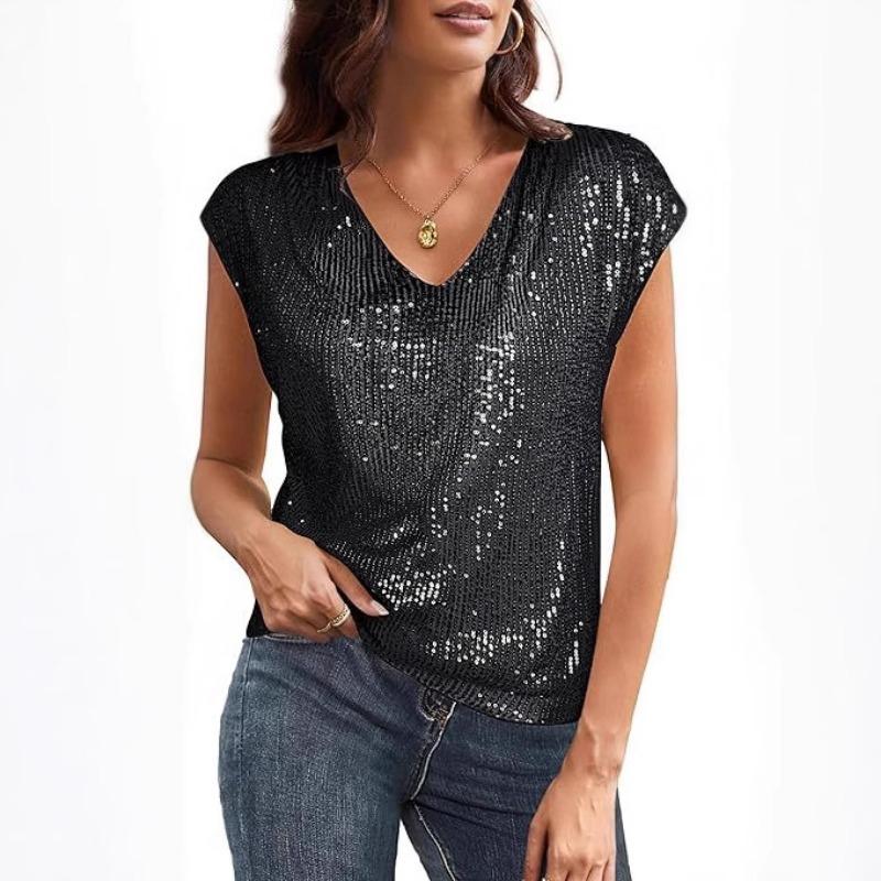Women Sequined Raglan Sleeve V Neck Solid Color Slim Fit Casual T Shirt Top