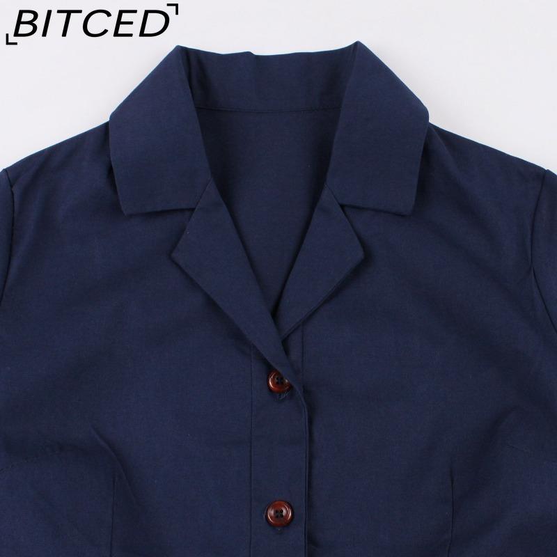 BITCED Women's Single-Breasted Wide-Skirted Retro-Style Waist-Cinched Solid-Colour Dress