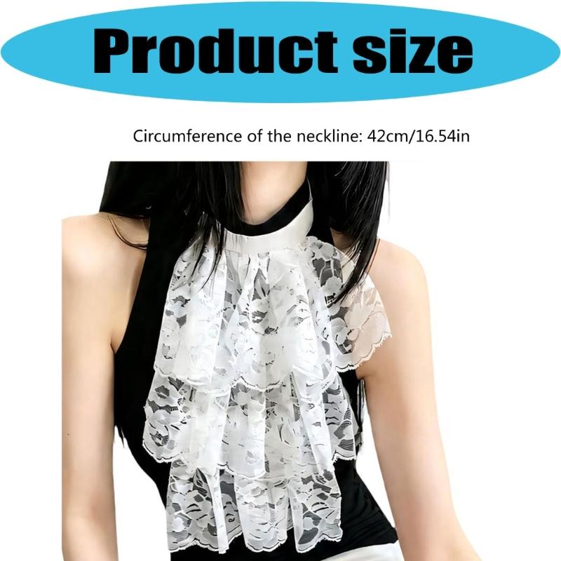 White Lace False Collar and Cuffs Sleeves for Women Girl, High Neck Ruffle Collar Decorative Accessory for Costume Styling, Stage Show Layering