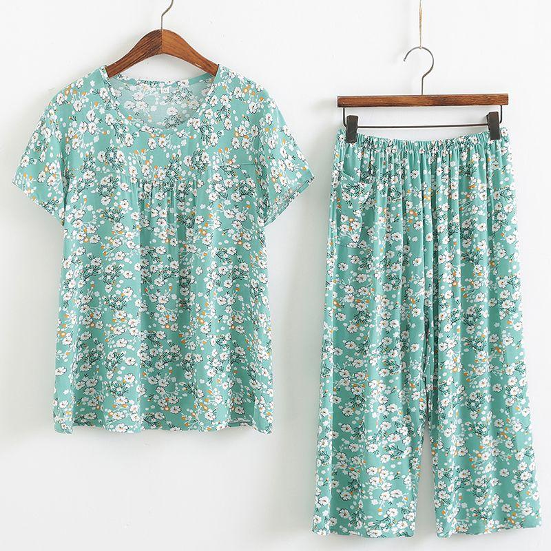 Baumwollseidenset Kurzarm-Caprihose für Damen mittleren Alters und ältere Frauen im Sommer, dünnes Oberteil, cooles Zuhause