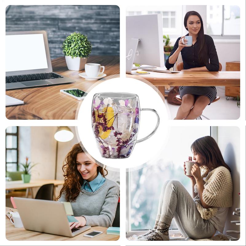 350ml Double Wall Coffee Mug With Handles Clear Milk Cups Gifts Artificial Flower Glass Cup for Milk Tea Juice Hot Cold Beverage