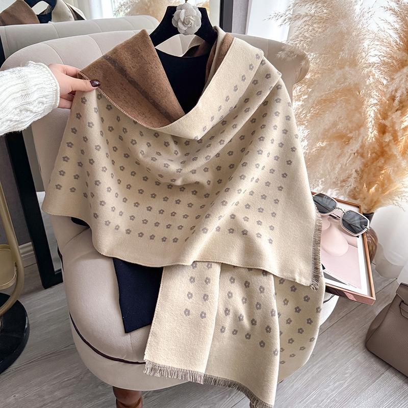 Autumn and winter imitation cashmere scarf women's double-sided color matching small flower shawl scarf thickened warm and versatile high-end sense