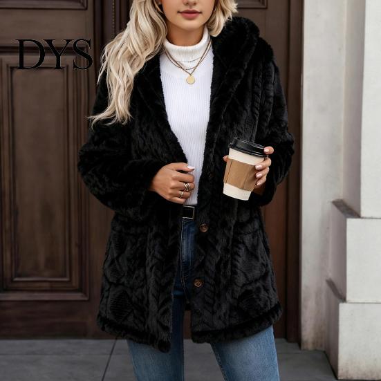 Long Sleeve Warm Coat Women Fleece Jacket with Pockets, Hooded for Fall Winter, Oversized Casual Button Front Cardigan Outerwear Cozy