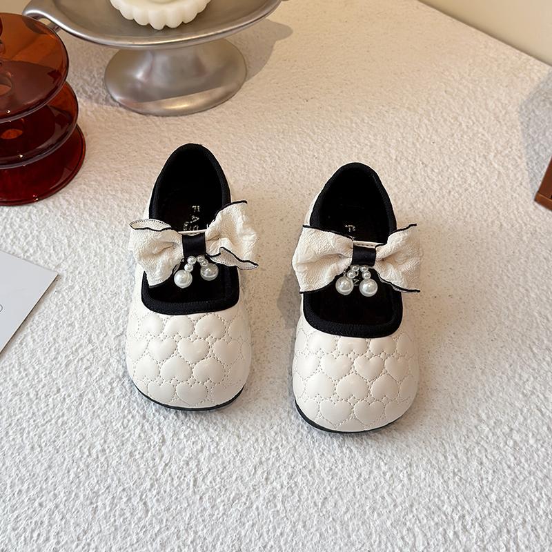 Girls Leather Shoes Round Toes Big Bows Kids Mary Janes Non-slip Soft Sole 2025 New Girls Flat Shoes Ins Trendy Love Heart Sweet