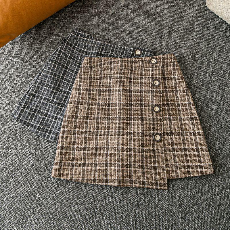 

Spring & Fall Export K-style New Arrival Casual Fashion Simple Elegant Four-Button Gingham Skirt Khakis lattice S