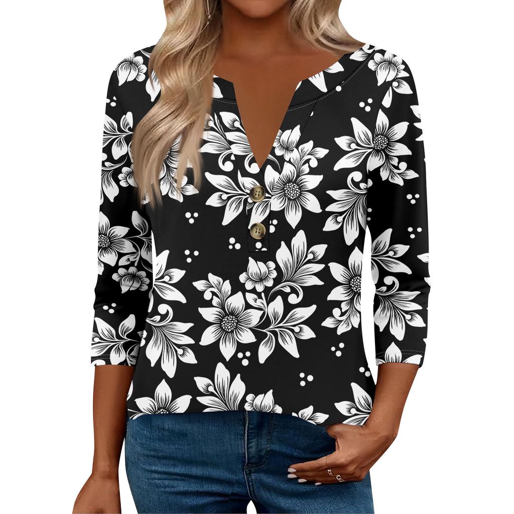 3/4 Sleeve Womens Tops For Women Henely Tops Button V Neck Loose Fit Dressy Womens Summer Tops