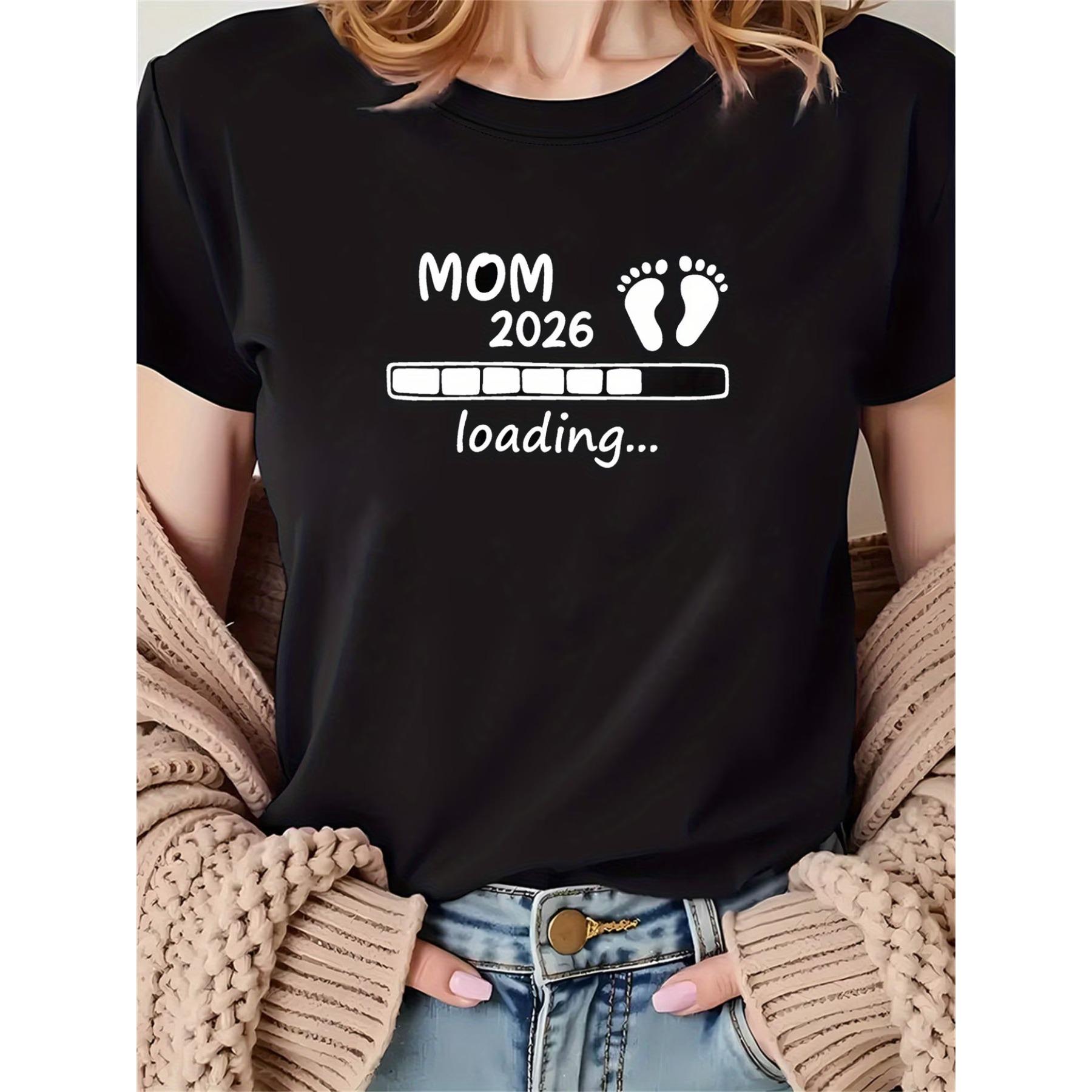 

Женская футболка с дизайном MOM Loading (Мама загружается) с индикатором загрузки, следами, черная футболка с коротким рукавом и круглым вырезом S