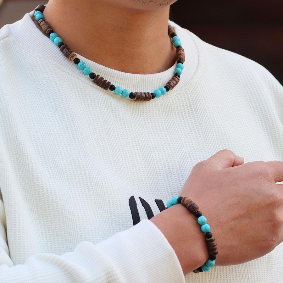2Pcs Jewelry Set Natural Coconut Husk Wood Necklace Bracelet Men 18 Inches Short Collar Volcanic Tiger Eyes Stone Colar Pulsera