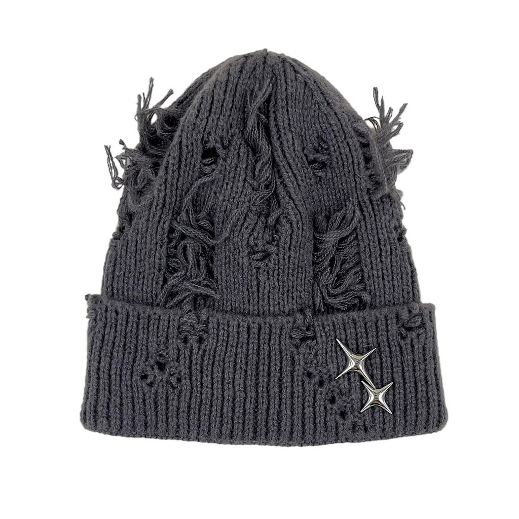Autumn and Winter Warm Hat Women's Versatile Star Decoration Hole Knitted Hat Warm Ear Protector Wool Hat Men
