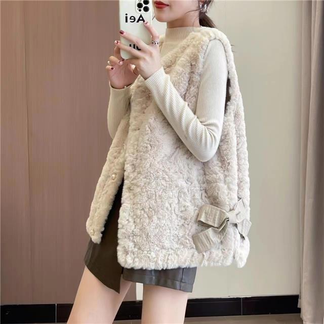 Xiaoxiangfeng Weste aus Kaninchenfellimitat für Damen im Frühjahr und Herbst, neuer Pelz, integrierte Weste aus Kaninchenfellimitat, kragenloser, lockerer Mantel