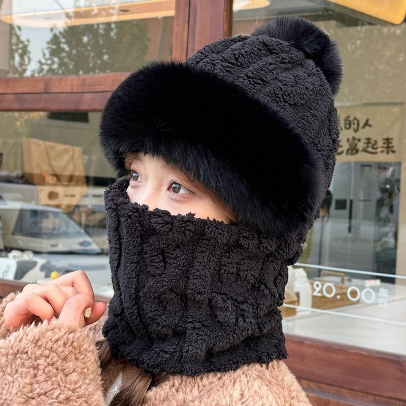 Winter Windproof Cap Outdoor Cycling Velvet Warm Ear Protection Headgear Hat Cold-proof Scarf Integrated Hairball Cap