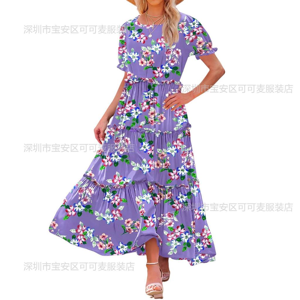 New spring and summer women's clothing bubble sleeves floral fashion and thin pleated long printed dress