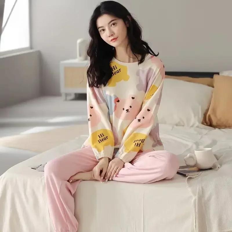 Herbst Frühling Frauen Neue Pyjamas Set Langarm Rundhals Frau Nachtwäsche Pringitng Mädchen Casual Loungewear