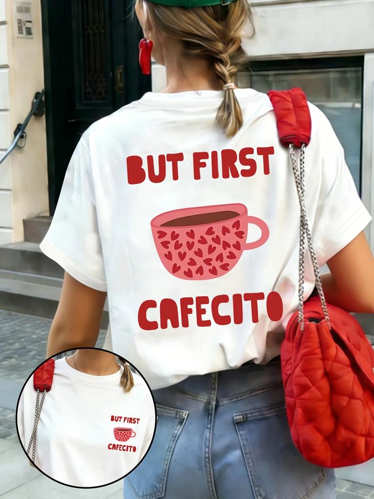 Daily Basic Fashion Top But First Cafecito Coffee Graphic Tshirt Summer Harajuku Kawaii Heart Cup Print Crew Neck T Shirts