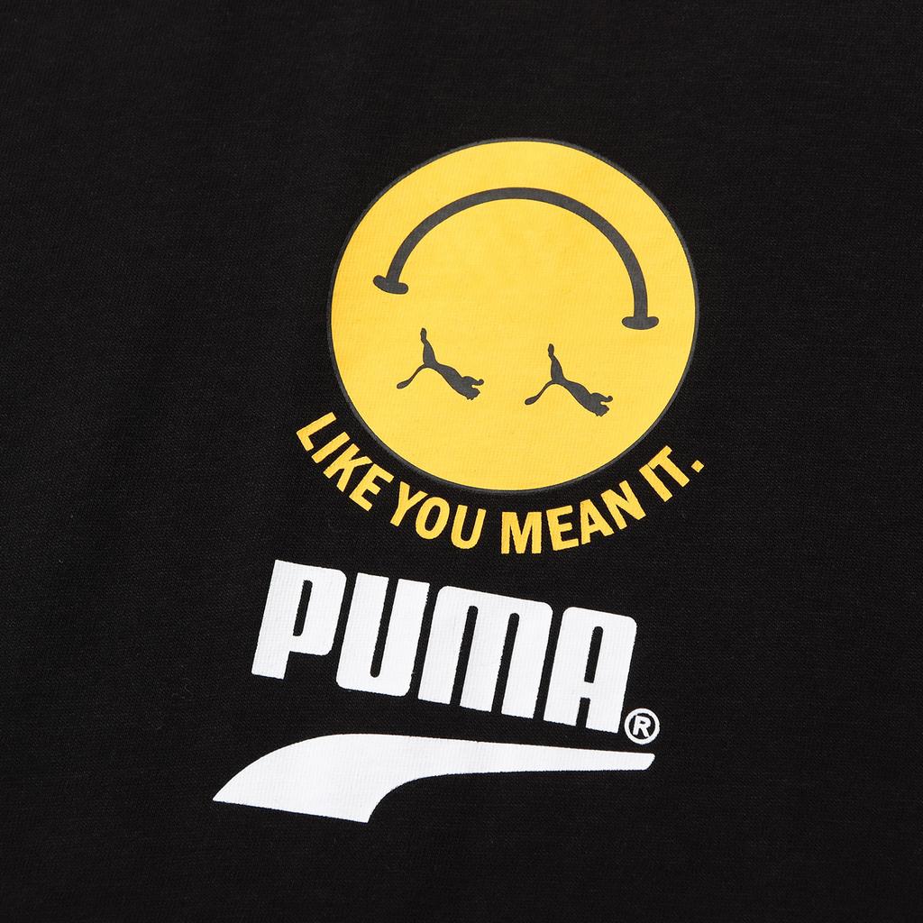 Puma Lässiges Sport-T-Shirt mit Smiley-Print, Rundhalsausschnitt, kurzen Ärmeln, Unisex-Oberteil, Schwarz 530017-01