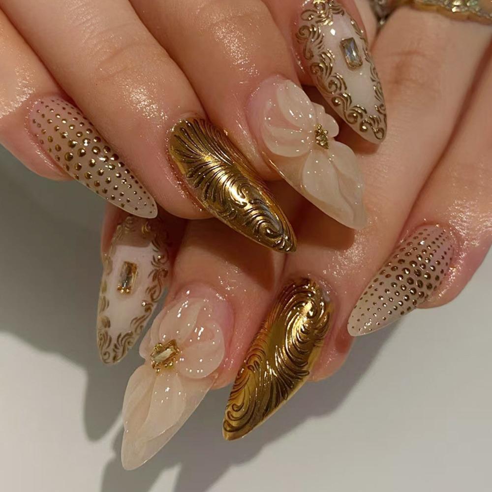 Manicure Long Almond False Nails Flowers French Press On Nails Starlight Fruit Aurora Fake Nails DIY
