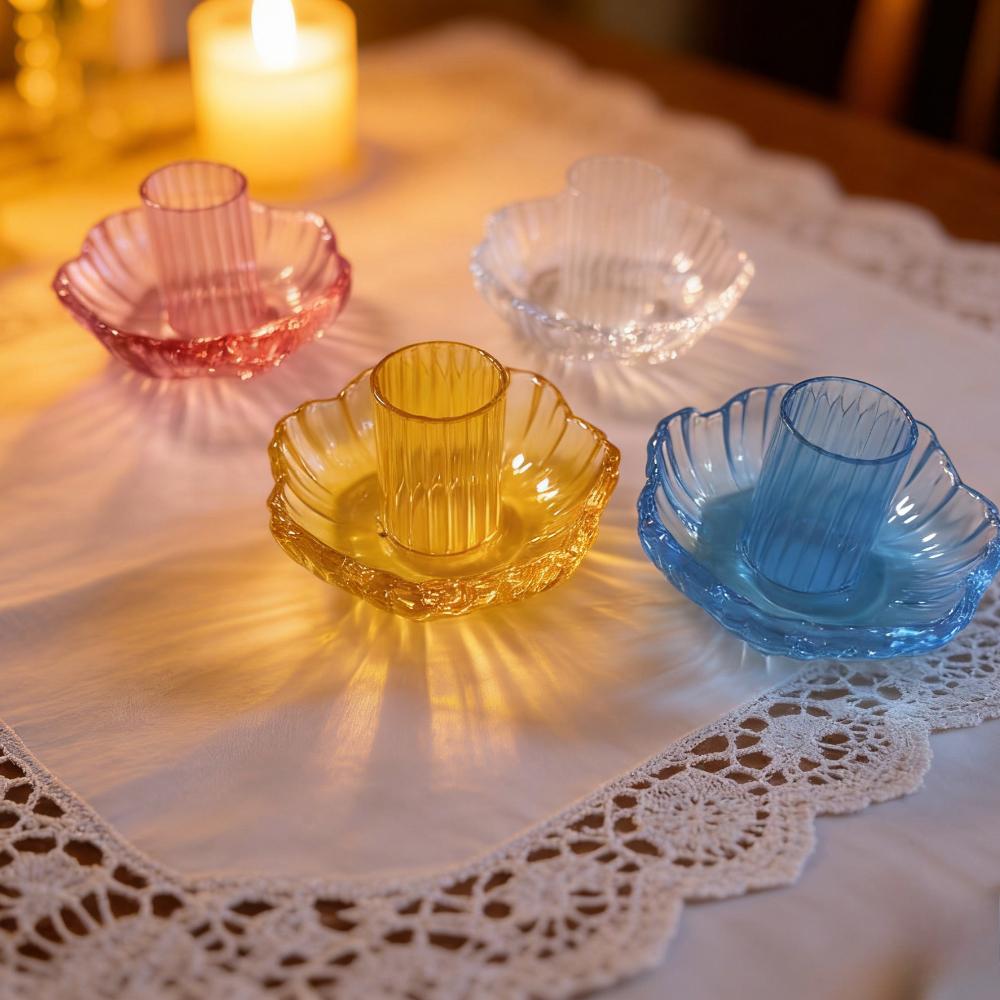 4PCS/Set Creative Coloful Glass Candlestick Lotus Glass Candle Holder Modern Romantic Home Decorative Wedding Dinner Party Decor